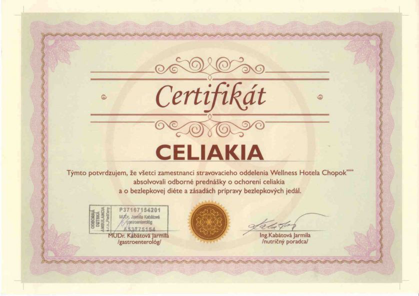Сертифікат про проходження курсів з приготування їжі, що не містить клейковину