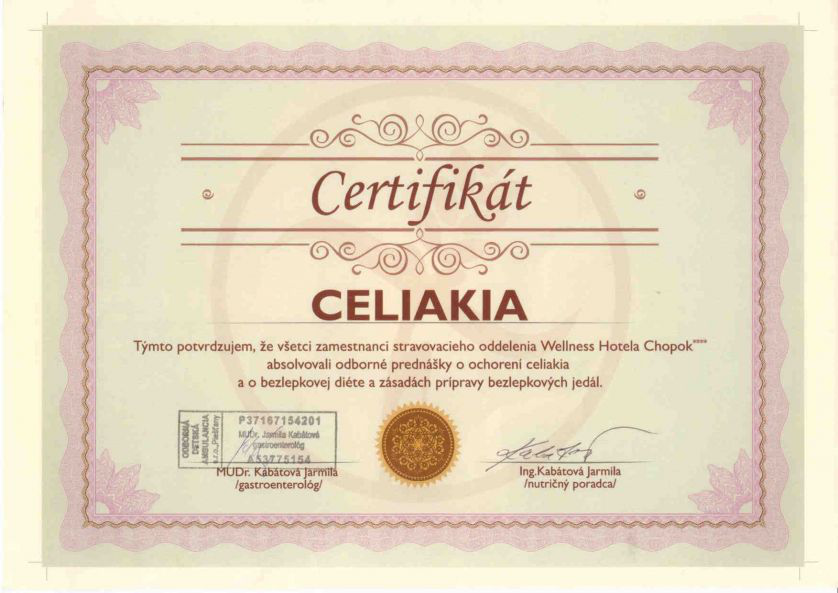 CERTIFIKÁT O ŠKOLENÍ O PŘÍPRAVĚ BEZLEPKOVÝCH JÍDEL